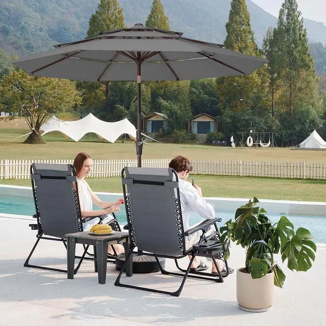 Alt view image 2 of 7 - JEAREY 9FT 3 Tier Patio Umbrella Outdoor Market Umbrella Table Umbrellas with 8 Ribs 1.5 Pole Push Button Tilt and Crank UV Protection for Garden,Backyard,Gray