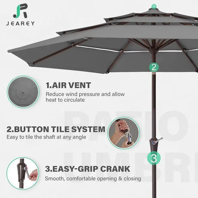 Alt view image 4 of 7 - JEAREY 9FT 3 Tier Patio Umbrella Outdoor Market Umbrella Table Umbrellas with 8 Ribs 1.5 Pole Push Button Tilt and Crank UV Protection for Garden,Backyard,Gray