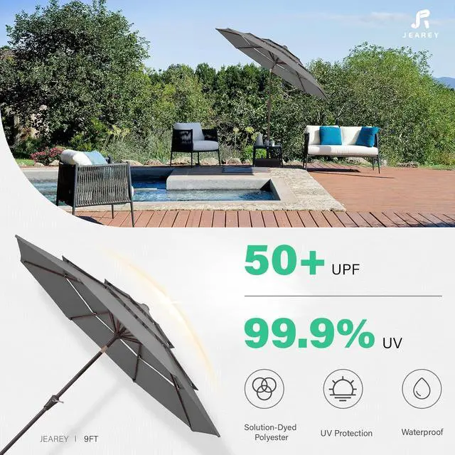 Alt view image 3 of 7 - JEAREY 9FT 3 Tier Patio Umbrella Outdoor Market Umbrella Table Umbrellas with 8 Ribs 1.5 Pole Push Button Tilt and Crank UV Protection for Garden,Backyard,Gray