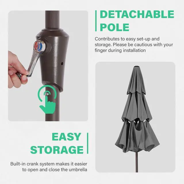 Alt view image 5 of 7 - JEAREY 9FT 3 Tier Patio Umbrella Outdoor Market Umbrella Table Umbrellas with 8 Ribs 1.5 Pole Push Button Tilt and Crank UV Protection for Garden,Backyard,Gray