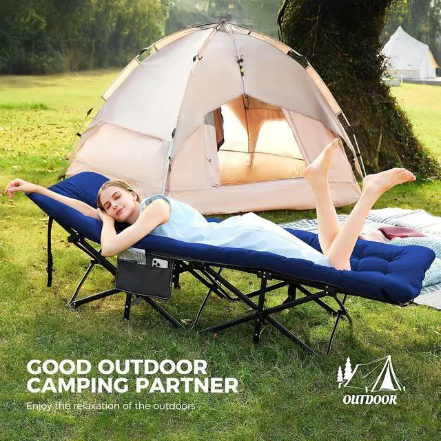 Alt view image 2 of 7 - JEAREY Folding Camping Cot for Adults, 28in Wide with Mattress, Navy | Heavy-duty 1200D Oxford Cot with Removable Mattress and Carry Bag, Portable Design for Camping, Travel, Guests and Hiking