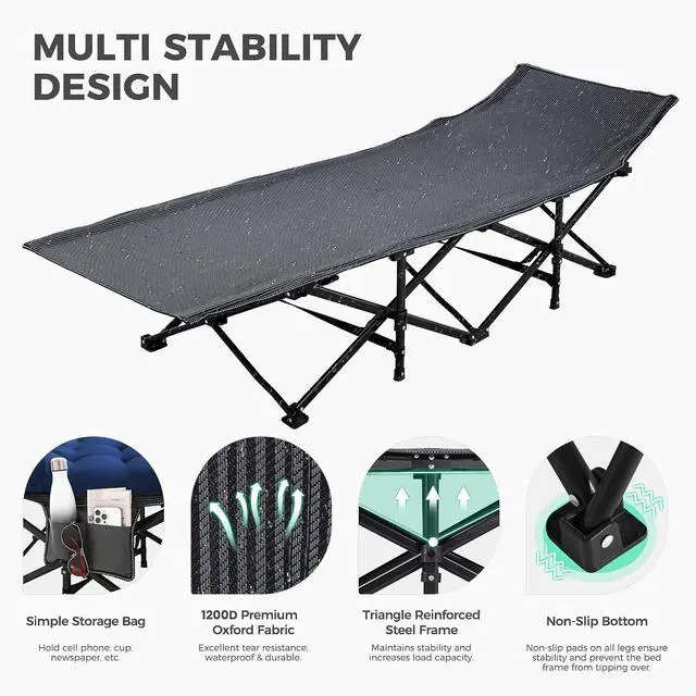 Alt view image 5 of 7 - JEAREY Folding Camping Cot for Adults, 28in Wide with Mattress, Navy | Heavy-duty 1200D Oxford Cot with Removable Mattress and Carry Bag, Portable Design for Camping, Travel, Guests and Hiking