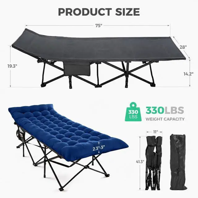 Alt view image 3 of 7 - JEAREY Folding Camping Cot for Adults, 28in Wide with Mattress, Navy | Heavy-duty 1200D Oxford Cot with Removable Mattress and Carry Bag, Portable Design for Camping, Travel, Guests and Hiking