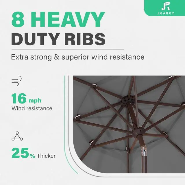 Alt view image 6 of 7 - JEAREY 9FT 3 Tier Patio Umbrella Outdoor Market Umbrella Table Umbrellas with 8 Ribs 1.5 Pole Push Button Tilt and Crank UV Protection for Garden,Backyard,Gray