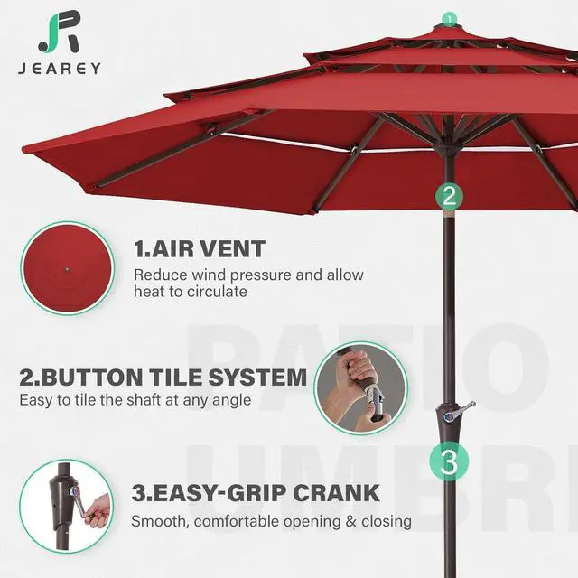 Alt view image 3 of 7 - JEAREY 9FT 3 Tier Patio Umbrella Outdoor Market Umbrella Table Umbrellas with 8 Ribs 1.5 Pole Push Button Tilt and Crank UV Protection for Garden,Red