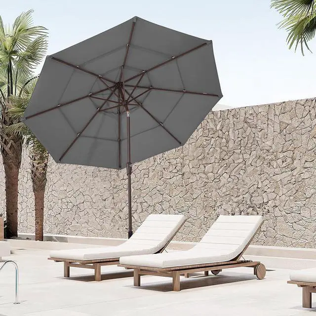 Alt view image 7 of 7 - JEAREY 9FT 3 Tier Patio Umbrella Outdoor Market Umbrella Table Umbrellas with 8 Ribs 1.5 Pole Push Button Tilt and Crank UV Protection for Garden,Backyard,Gray