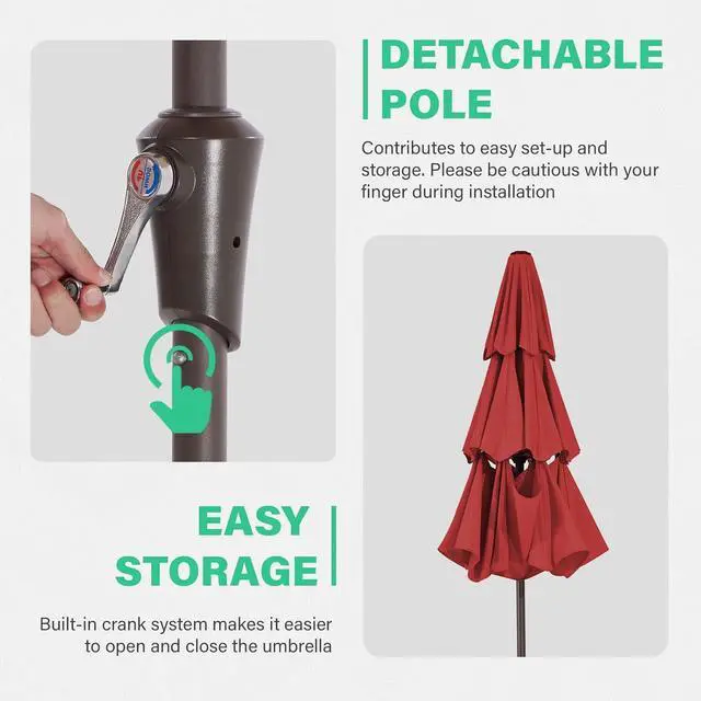 Alt view image 5 of 7 - JEAREY 9FT 3 Tier Patio Umbrella Outdoor Market Umbrella Table Umbrellas with 8 Ribs 1.5 Pole Push Button Tilt and Crank UV Protection for Garden,Red