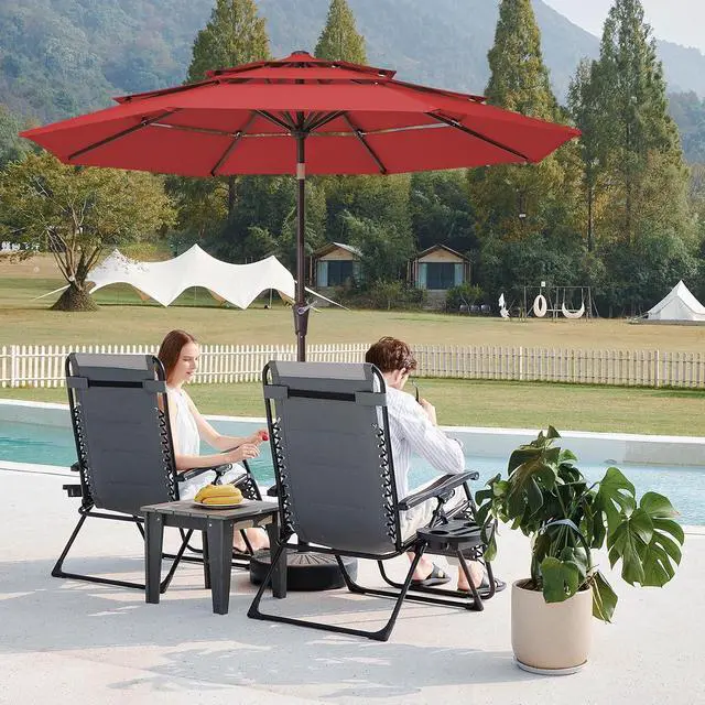Alt view image 7 of 7 - JEAREY 9FT 3 Tier Patio Umbrella Outdoor Market Umbrella Table Umbrellas with 8 Ribs 1.5 Pole Push Button Tilt and Crank UV Protection for Garden,Red