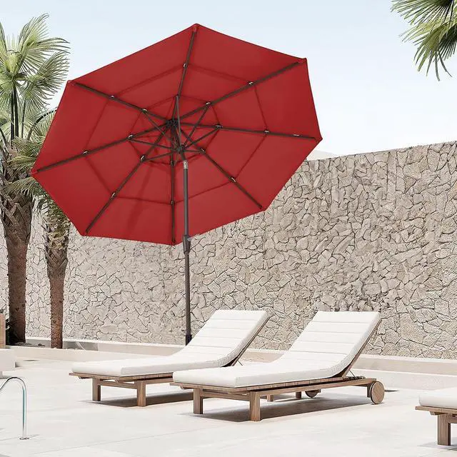 Alt view image 6 of 7 - JEAREY 9FT 3 Tier Patio Umbrella Outdoor Market Umbrella Table Umbrellas with 8 Ribs 1.5 Pole Push Button Tilt and Crank UV Protection for Garden,Red