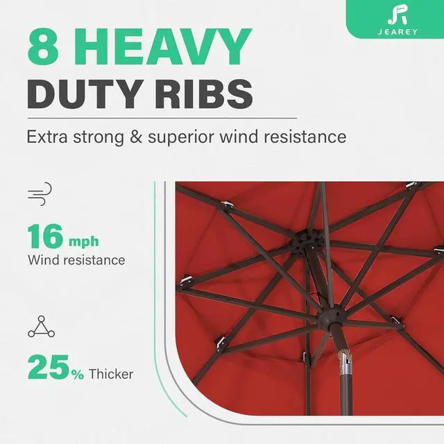 Alt view image 4 of 7 - JEAREY 9FT 3 Tier Patio Umbrella Outdoor Market Umbrella Table Umbrellas with 8 Ribs 1.5 Pole Push Button Tilt and Crank UV Protection for Garden,Red