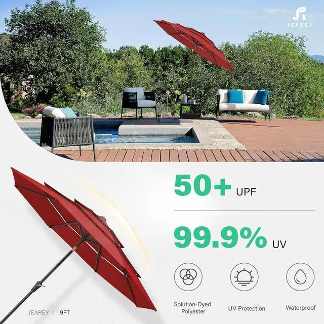Alt view image 2 of 7 - JEAREY 9FT 3 Tier Patio Umbrella Outdoor Market Umbrella Table Umbrellas with 8 Ribs 1.5 Pole Push Button Tilt and Crank UV Protection for Garden,Red