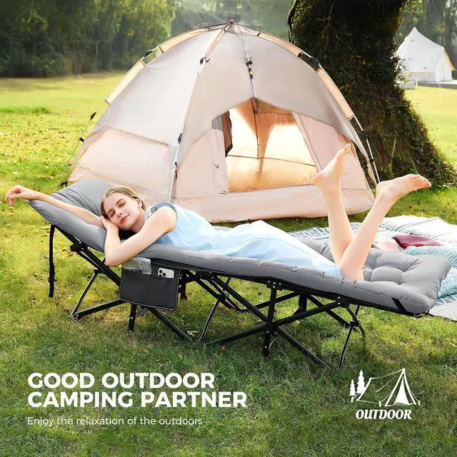 Alt view image 2 of 7 - JEAREY Camping Cot for Adults, 28 in Wide with Mattress, Bright Gray | Heavy-duty 1200D Oxford Cot with Removable Mattress and Carry Bag, Portable Design for Camping, Travel, Guests and Hiking