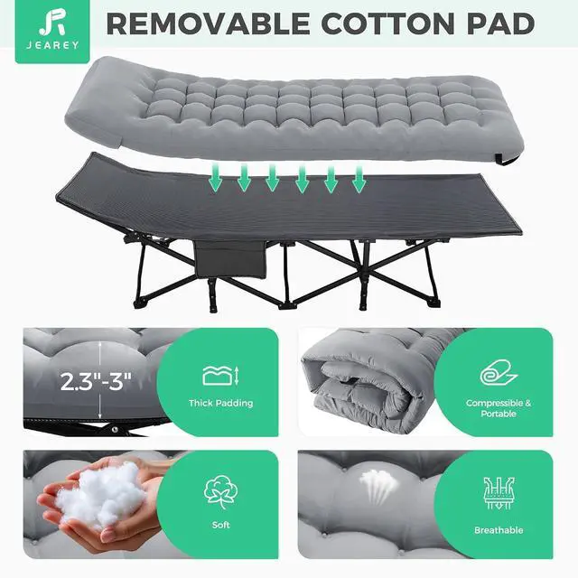 Alt view image 3 of 7 - JEAREY Camping Cot for Adults, 28 in Wide with Mattress, Bright Gray | Heavy-duty 1200D Oxford Cot with Removable Mattress and Carry Bag, Portable Design for Camping, Travel, Guests and Hiking