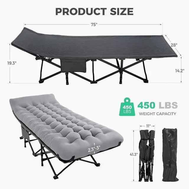 Alt view image 4 of 7 - JEAREY Camping Cot for Adults, 28 in Wide with Mattress, Bright Gray | Heavy-duty 1200D Oxford Cot with Removable Mattress and Carry Bag, Portable Design for Camping, Travel, Guests and Hiking