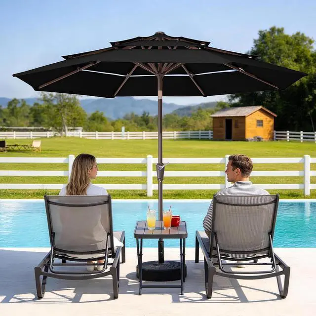 Alt view image 2 of 7 - JEAREY 9FT 3 Tier Patio Umbrella Outdoor Market Umbrella Table Umbrellas with 8 Ribs 1.5 Pole Push Button Tilt and Crank UV Protection for Garden,Black
