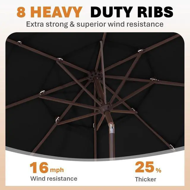 Alt view image 5 of 7 - JEAREY 9FT 3 Tier Patio Umbrella Outdoor Market Umbrella Table Umbrellas with 8 Ribs 1.5 Pole Push Button Tilt and Crank UV Protection for Garden,Black
