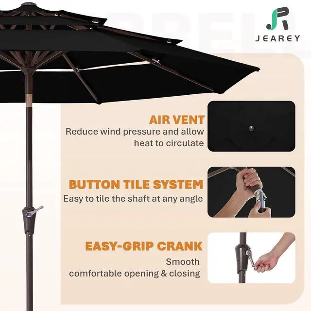 Alt view image 3 of 7 - JEAREY 9FT 3 Tier Patio Umbrella Outdoor Market Umbrella Table Umbrellas with 8 Ribs 1.5 Pole Push Button Tilt and Crank UV Protection for Garden,Black