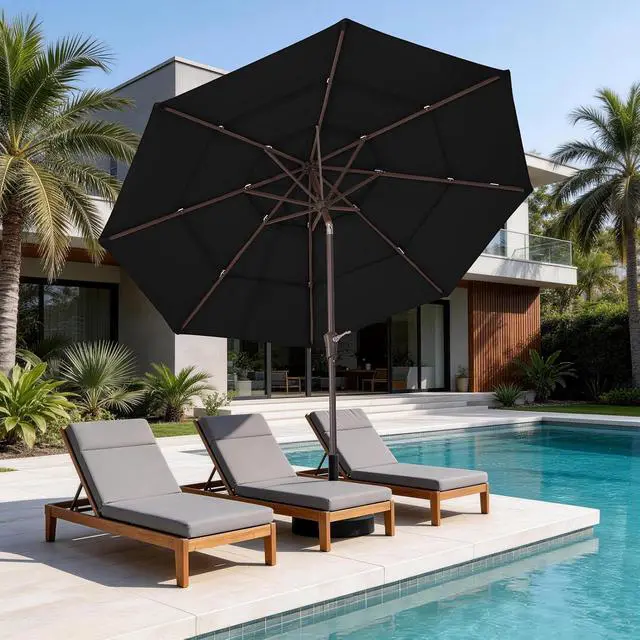Alt view image 7 of 7 - JEAREY 9FT 3 Tier Patio Umbrella Outdoor Market Umbrella Table Umbrellas with 8 Ribs 1.5 Pole Push Button Tilt and Crank UV Protection for Garden,Black