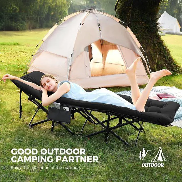 Alt view image 7 of 7 - JEAREY 2-Piece Camping Cot for Sleeping 28" Extra Wide, Heavy-Duty 1200D Oxford Foliding Cots for Adults Portable with Mattress, Carry Bag for Guest, Travel, Hiking, Black