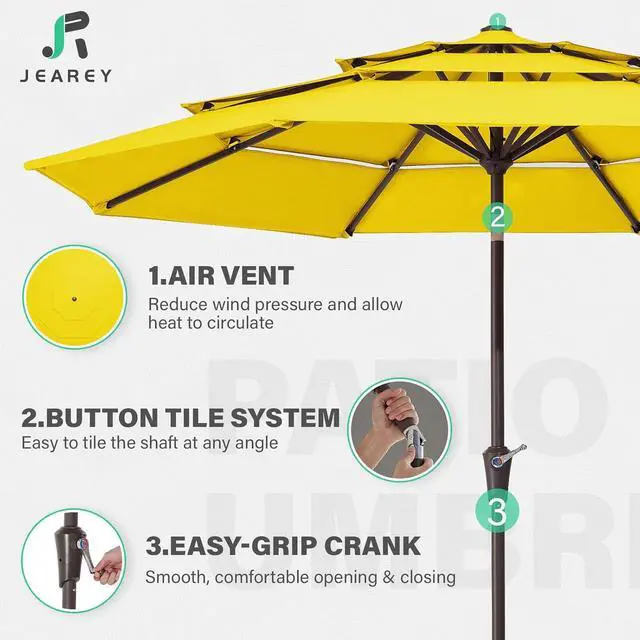 Alt view image 4 of 7 - JEAREY 9FT 3 Tier Patio Umbrella Outdoor Market Umbrella Table Umbrellas with 8 Ribs 1.5 Pole Push Button Tilt and Crank UV Protection for Garden,Backyard,Yellow