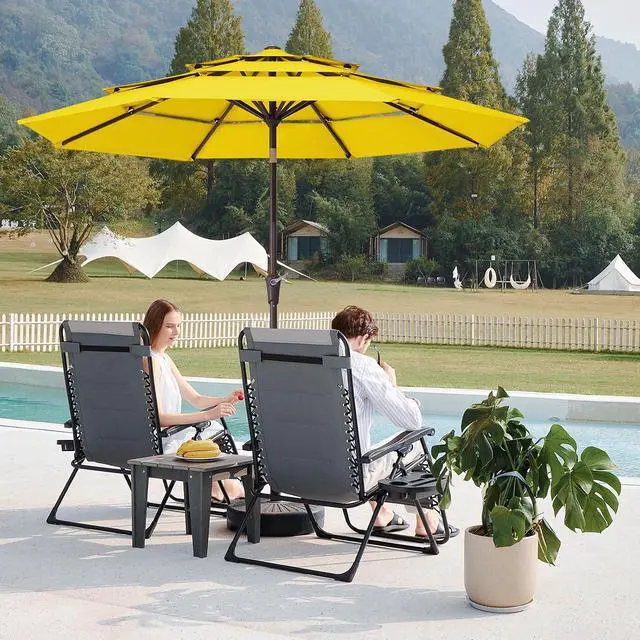 Alt view image 2 of 7 - JEAREY 9FT 3 Tier Patio Umbrella Outdoor Market Umbrella Table Umbrellas with 8 Ribs 1.5 Pole Push Button Tilt and Crank UV Protection for Garden,Backyard,Yellow