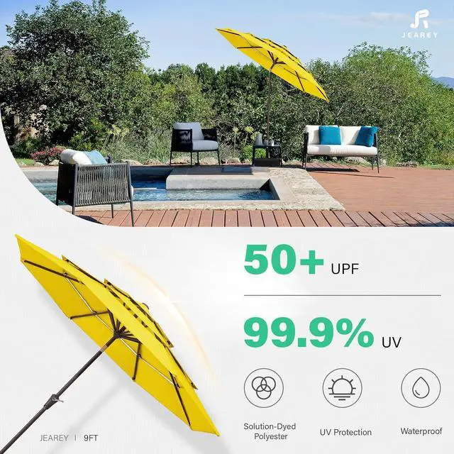 Alt view image 3 of 7 - JEAREY 9FT 3 Tier Patio Umbrella Outdoor Market Umbrella Table Umbrellas with 8 Ribs 1.5 Pole Push Button Tilt and Crank UV Protection for Garden,Backyard,Yellow
