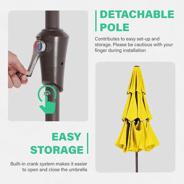 Alt view image 5 of 7 - JEAREY 9FT 3 Tier Patio Umbrella Outdoor Market Umbrella Table Umbrellas with 8 Ribs 1.5 Pole Push Button Tilt and Crank UV Protection for Garden,Backyard,Yellow