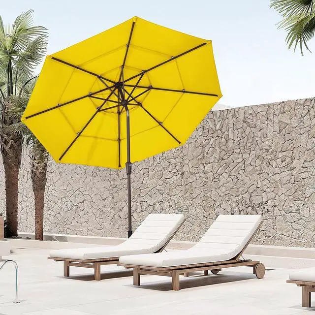 Alt view image 7 of 7 - JEAREY 9FT 3 Tier Patio Umbrella Outdoor Market Umbrella Table Umbrellas with 8 Ribs 1.5 Pole Push Button Tilt and Crank UV Protection for Garden,Backyard,Yellow