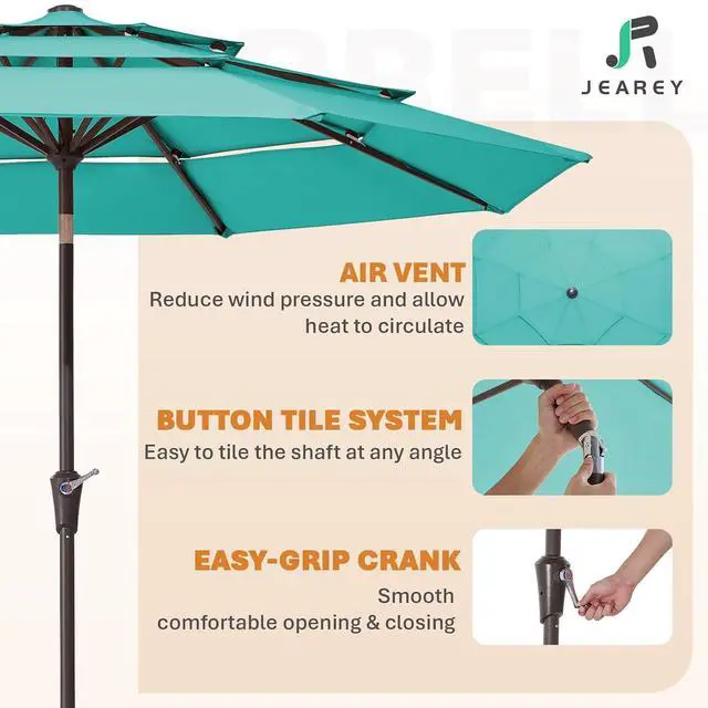 Alt view image 3 of 7 - JEAREY 9FT 3 Tier Patio Umbrella Outdoor Market Umbrella Table Umbrellas with 8 Ribs 1.5 Pole Push Button Tilt and Crank UV Protection for Garden,Peacock Blue