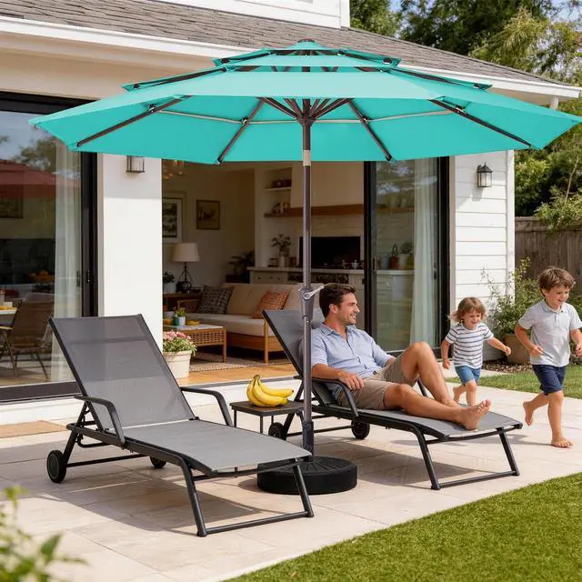 Alt view image 2 of 7 - JEAREY 9FT 3 Tier Patio Umbrella Outdoor Market Umbrella Table Umbrellas with 8 Ribs 1.5 Pole Push Button Tilt and Crank UV Protection for Garden,Peacock Blue