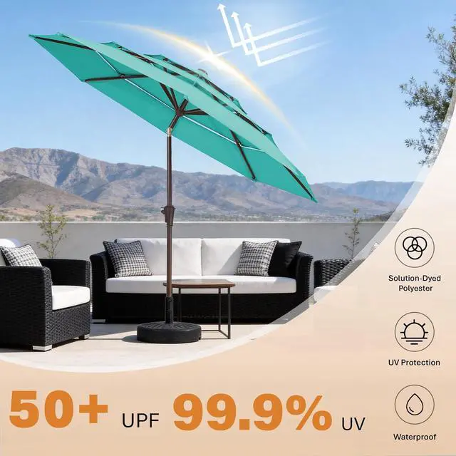 Alt view image 5 of 7 - JEAREY 9FT 3 Tier Patio Umbrella Outdoor Market Umbrella Table Umbrellas with 8 Ribs 1.5 Pole Push Button Tilt and Crank UV Protection for Garden,Peacock Blue