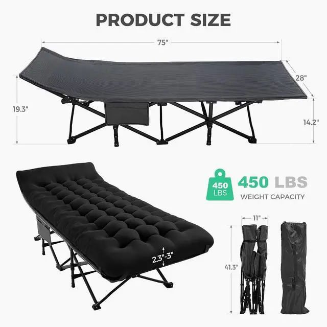Alt view image 4 of 7 - JEAREY Folding Camping Cot for Adults, 28in Wide with Mattress, Black | Heavy-duty 1200D Oxford Cot with Removable Mattress and Carry Bag, Portable Design for Camping, Travel, Guests and Hiking