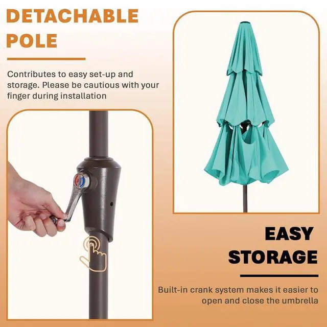 Alt view image 6 of 7 - JEAREY 9FT 3 Tier Patio Umbrella Outdoor Market Umbrella Table Umbrellas with 8 Ribs 1.5 Pole Push Button Tilt and Crank UV Protection for Garden,Peacock Blue