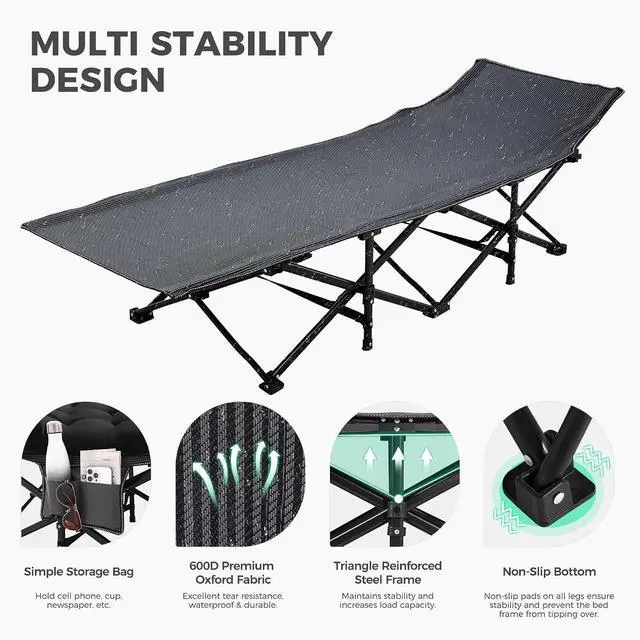 Alt view image 5 of 7 - JEAREY Folding Camping Cot for Adults, 28in Wide with Mattress, Black | Heavy-duty 1200D Oxford Cot with Removable Mattress and Carry Bag, Portable Design for Camping, Travel, Guests and Hiking