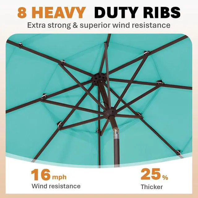 Alt view image 4 of 7 - JEAREY 9FT 3 Tier Patio Umbrella Outdoor Market Umbrella Table Umbrellas with 8 Ribs 1.5 Pole Push Button Tilt and Crank UV Protection for Garden,Peacock Blue
