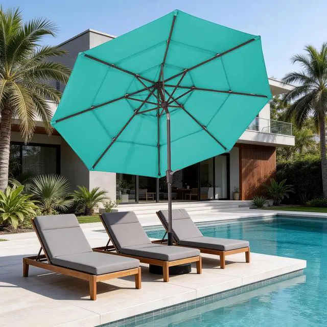 Alt view image 7 of 7 - JEAREY 9FT 3 Tier Patio Umbrella Outdoor Market Umbrella Table Umbrellas with 8 Ribs 1.5 Pole Push Button Tilt and Crank UV Protection for Garden,Peacock Blue