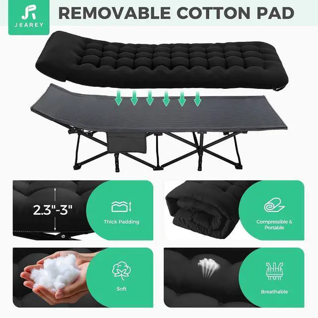 Alt view image 4 of 7 - JEAREY 2-Piece Camping Cot for Sleeping 28" Extra Wide, Heavy-Duty 1200D Oxford Foliding Cots for Adults Portable with Mattress, Carry Bag for Guest, Travel, Hiking, Black