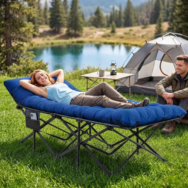 Alt view image 2 of 7 - JEAREY Folding Camping Cot for Adults, 32in Wide with Mattress, Navy | Heavy-duty 1200D Oxford Cot with Removable Mattress and Carry Bag, Portable Design for Camping, Travel, Guests and Hiking