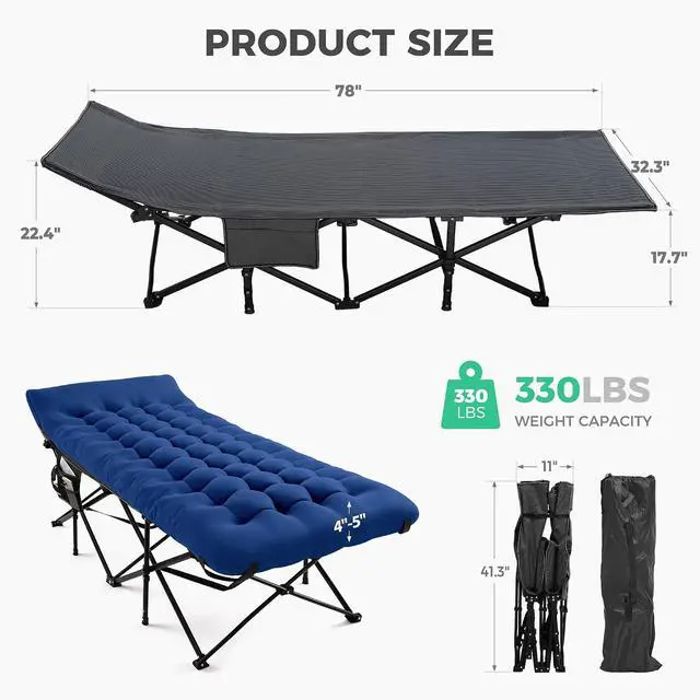 Alt view image 4 of 7 - JEAREY Folding Camping Cot for Adults, 32in Wide with Mattress, Navy | Heavy-duty 1200D Oxford Cot with Removable Mattress and Carry Bag, Portable Design for Camping, Travel, Guests and Hiking