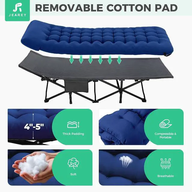 Alt view image 6 of 7 - JEAREY Folding Camping Cot for Adults, 32in Wide with Mattress, Navy | Heavy-duty 1200D Oxford Cot with Removable Mattress and Carry Bag, Portable Design for Camping, Travel, Guests and Hiking