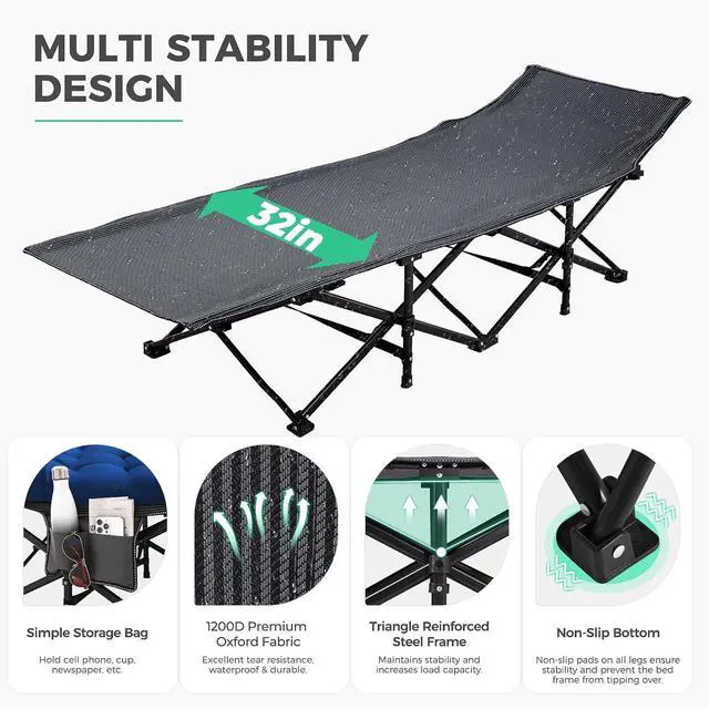 Alt view image 7 of 7 - JEAREY Folding Camping Cot for Adults, 32in Wide with Mattress, Navy | Heavy-duty 1200D Oxford Cot with Removable Mattress and Carry Bag, Portable Design for Camping, Travel, Guests and Hiking