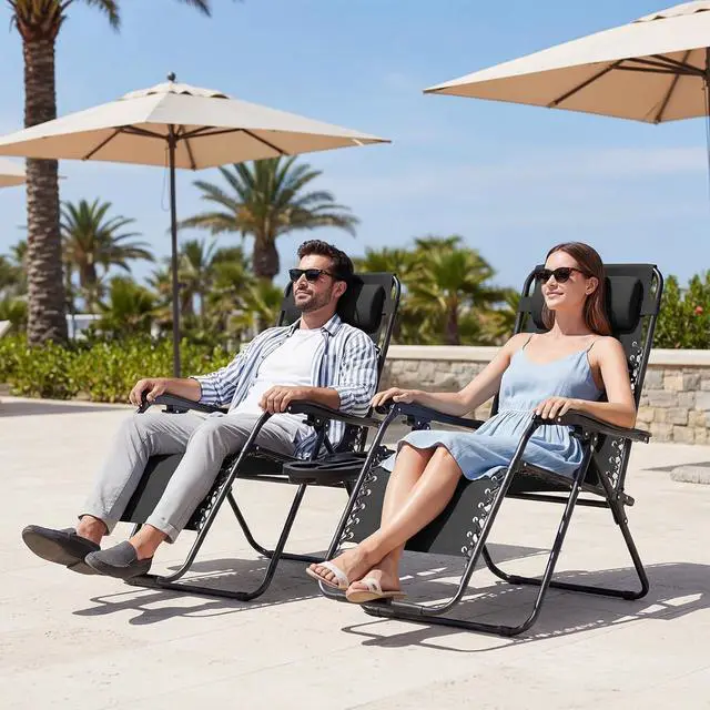 Alt view image 2 of 7 - JEAREY Zero Gravity Chairs Set of 2, Adjustable Patio Recliners, Black | 400 lbs Capacity, Steel Frame Textilene Fabric, Locking Recline, Pillow & Cup Holder Tray for Patio, Pool, Beach