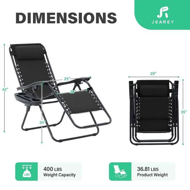 Alt view image 3 of 7 - JEAREY Zero Gravity Chairs Set of 2, Adjustable Patio Recliners, Black | 400 lbs Capacity, Steel Frame Textilene Fabric, Locking Recline, Pillow & Cup Holder Tray for Patio, Pool, Beach