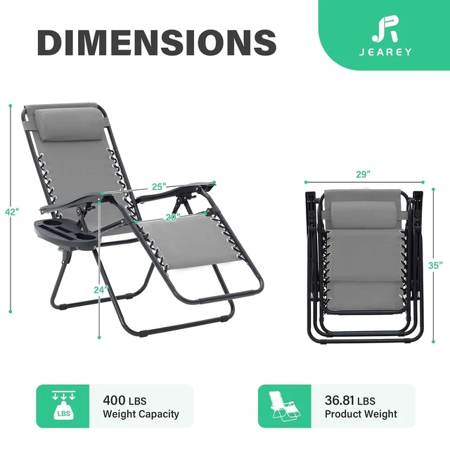 Alt view image 3 of 7 - JEAREY Zero Gravity Lounge Chairs Set of 2, Adjustable Steel Mesh Recliners with Pillows and Cup Holder Trays for Patio, Garden, Beach, Light Grey