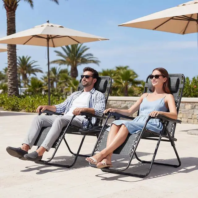 Alt view image 2 of 7 - JEAREY Zero Gravity Chairs Set of 2, Adjustable Patio Recliners, Dark Grey | 400 lbs Capacity, Steel Frame Textilene Fabric, Locking Recline, Pillow & Cup Holder Tray for Patio, Pool, Beach