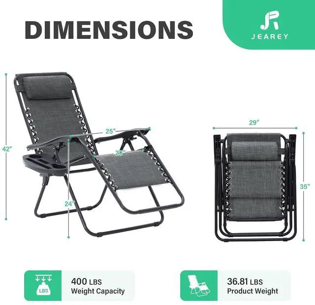 Alt view image 3 of 7 - JEAREY Zero Gravity Chairs Set of 2, Adjustable Patio Recliners, Dark Grey | 400 lbs Capacity, Steel Frame Textilene Fabric, Locking Recline, Pillow & Cup Holder Tray for Patio, Pool, Beach