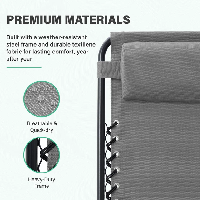Alt view image 4 of 7 - JEAREY Zero Gravity Lounge Chairs Set of 2, Adjustable Steel Mesh Recliners with Pillows and Cup Holder Trays for Patio, Garden, Beach, Light Grey