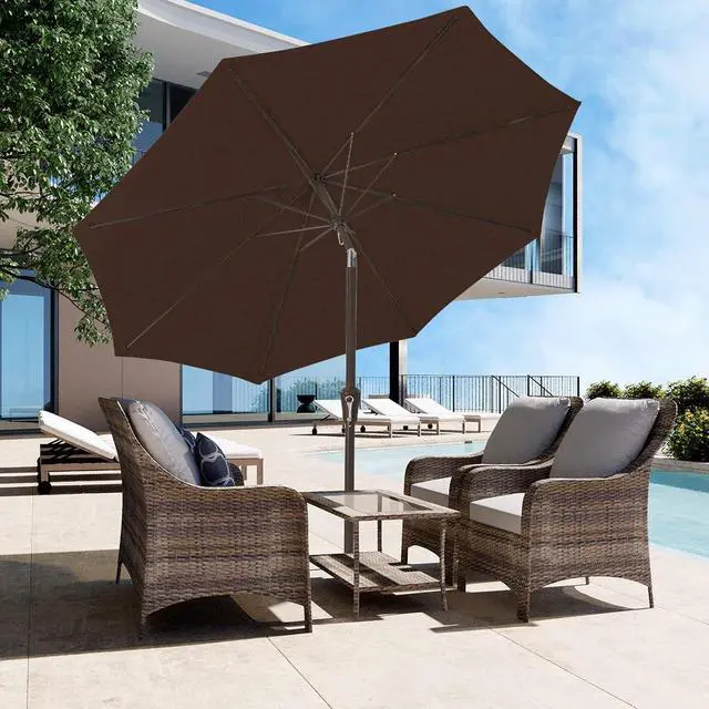 Alt view image 4 of 7 - JEAREY 9FT Outdoor Patio Umbrella Outdoor Table Umbrella with Push Button Tilt and Crank, Market Umbrella 8 Sturdy Ribs UV Protection Waterproof for Garden, Deck, Backyard, Pool (Brown)