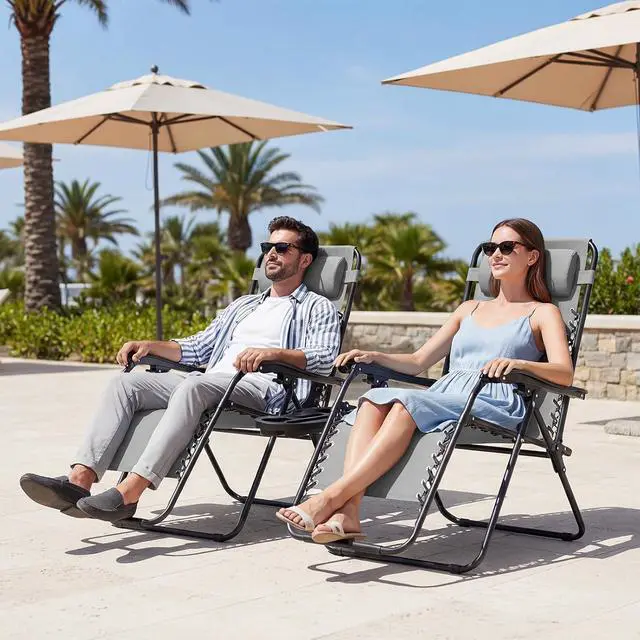 Alt view image 2 of 7 - JEAREY Zero Gravity Chairs Set of 2, Adjustable Patio Recliners, Light Grey | 400 lbs Capacity, Steel Frame Textilene Fabric, Locking Recline, Pillow & Cup Holder Tray for Patio, Pool, Beach