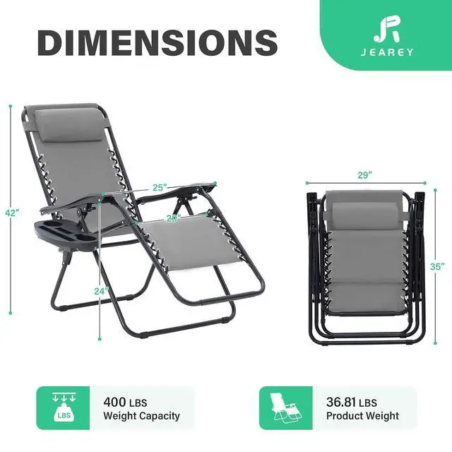 Alt view image 3 of 7 - JEAREY Zero Gravity Chairs Set of 2, Adjustable Patio Recliners, Light Grey | 400 lbs Capacity, Steel Frame Textilene Fabric, Locking Recline, Pillow & Cup Holder Tray for Patio, Pool, Beach
